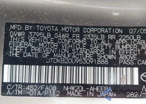 2005 Toyota Prius from USA, damaged, VIN JTDKB20U953091888